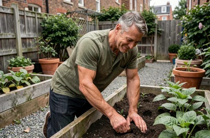 Homme jardinant dans un potager urbain en bois entouré de plantes et légumes en plein air