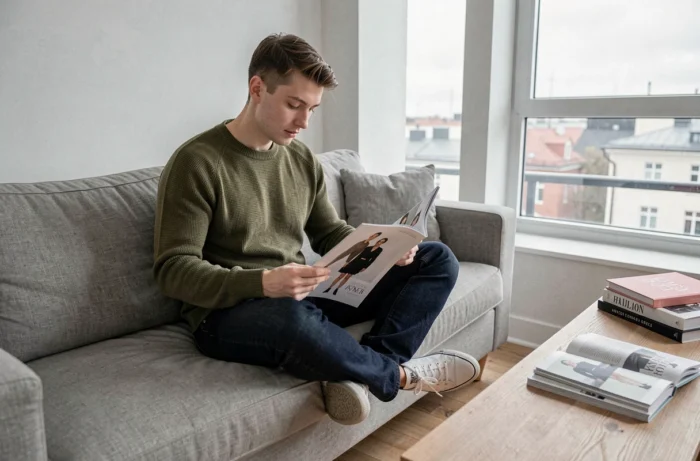 Jeune homme décontracté lisant un magazine de mode sur un canapé dans un intérieur scandinave