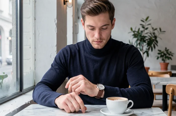 Homme élégant portant une montre en cuir minimaliste dans un café au style scandinave