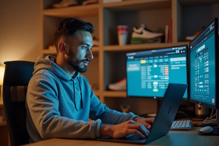 Homme consultant la plateforme sportive yadusport sur son ordinateur portable dans un bureau à domicile