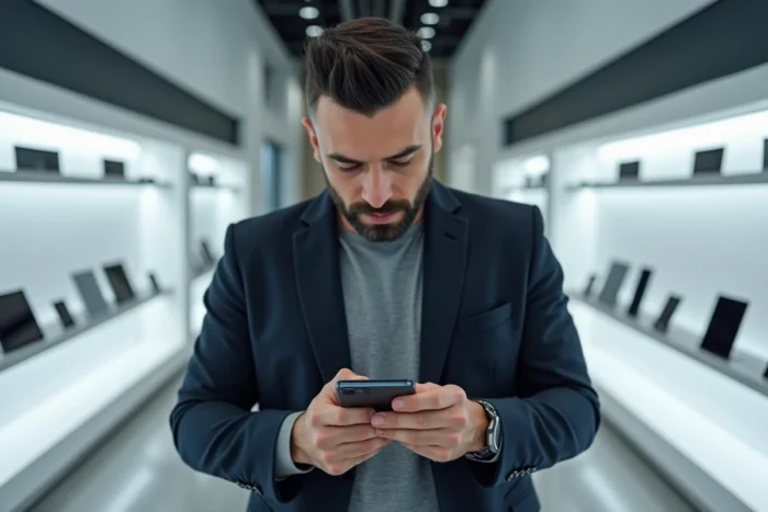 Homme inspectant un smartphone pliable dans une boutique high-tech, nouvelles technologies et innovations 2024
