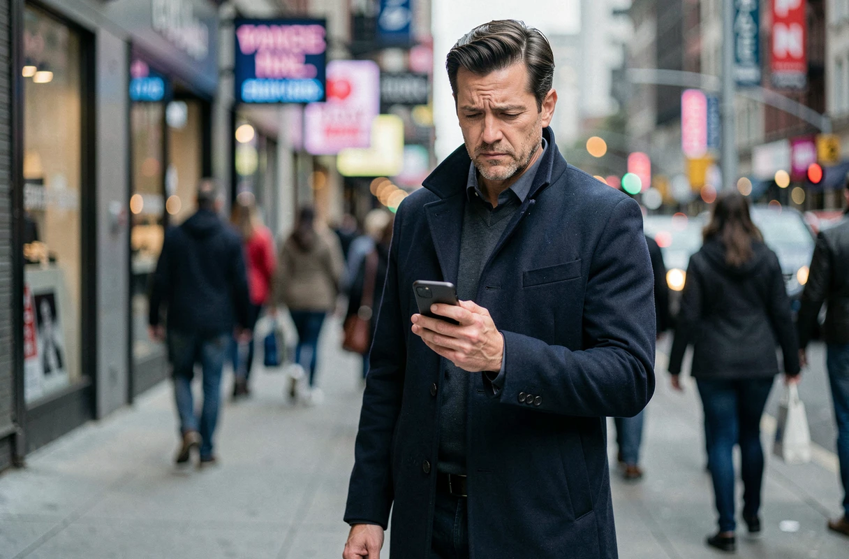 Homme en ville consultant son téléphone d'un air sceptique face à une nouvelle tendance sur les réseaux sociaux