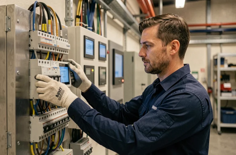 Ingénieur électricien inspectant un tableau électrique intelligent dans une installation industrielle moderne