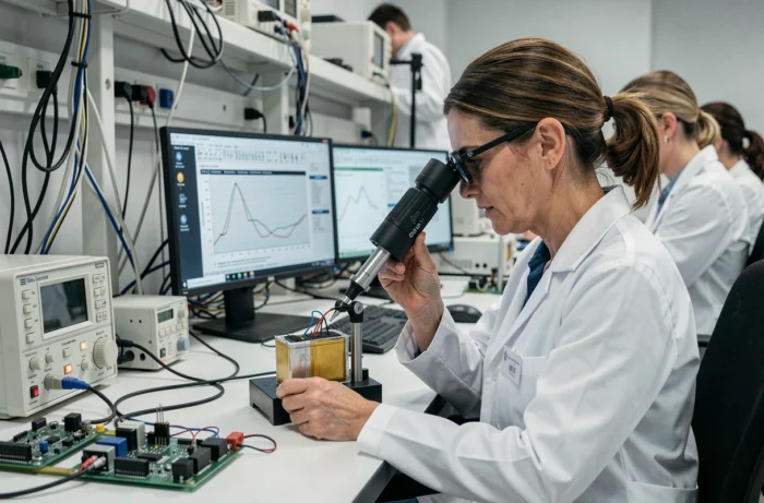 Ingénieure en R&D analysant un prototype de batterie nouvelle génération dans un laboratoire d'innovation électrique