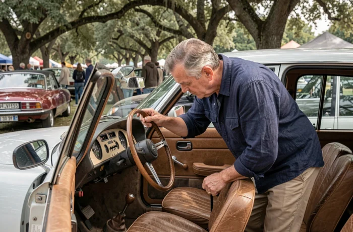 Un homme inspecte l'intérieur d'une Citroën DS ancienne lors d'un marché de voitures classiques en plein air, examinant le tableau de bord d'origine