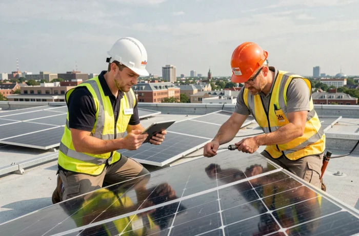 Techniciens installant des panneaux solaires photovoltaïques sur un toit urbain dans le cadre des nouvelles tendances de l'énergie électrique