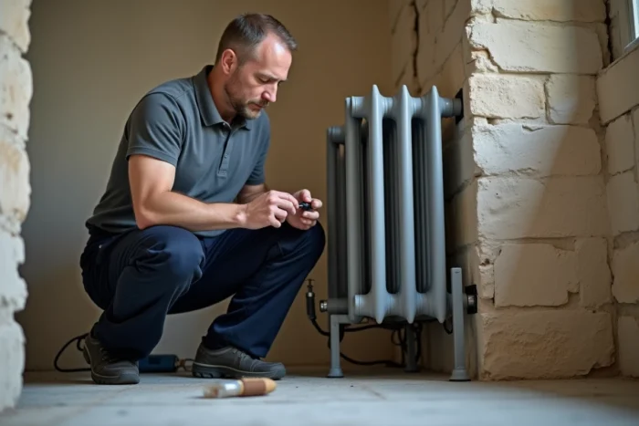 Électricien installant un radiateur en fonte électrique dans une chambre en rénovation aux murs en pierre