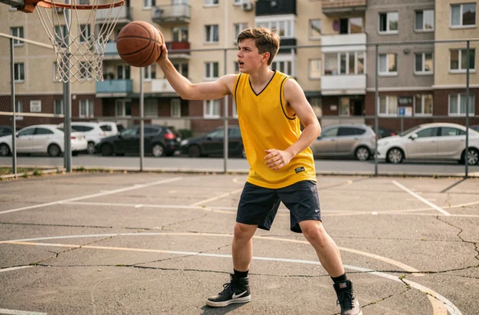 Jeune basketteur en action sur un terrain urbain extérieur, symbolisant la diversité des disciplines sportives accessibles