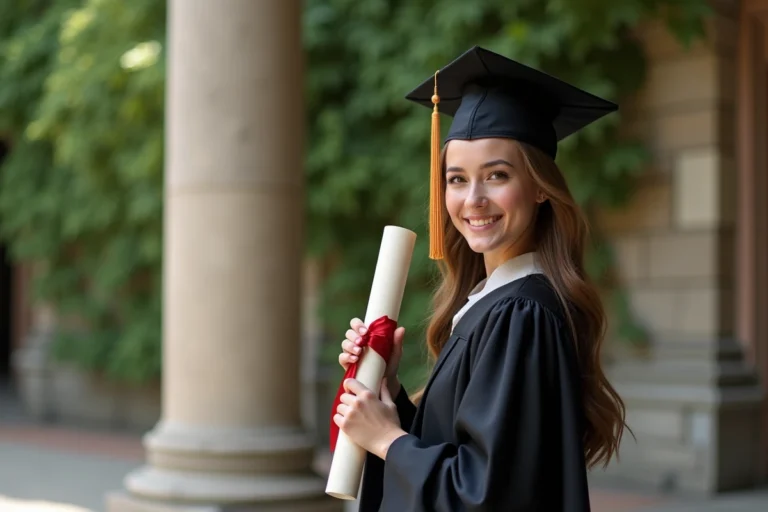 Jeune femme diplômée en toge noire tenant son diplôme officiel dans une cour universitaire