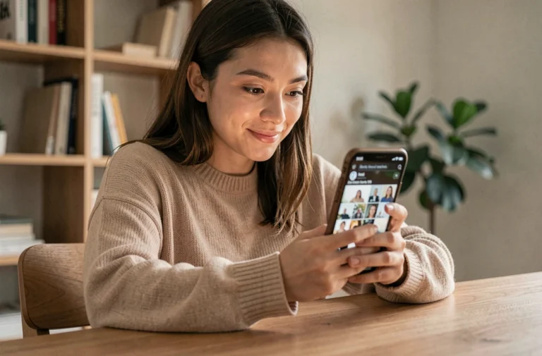 Jeune femme consultant les tendances des réseaux sociaux sur son smartphone dans un appartement moderne
