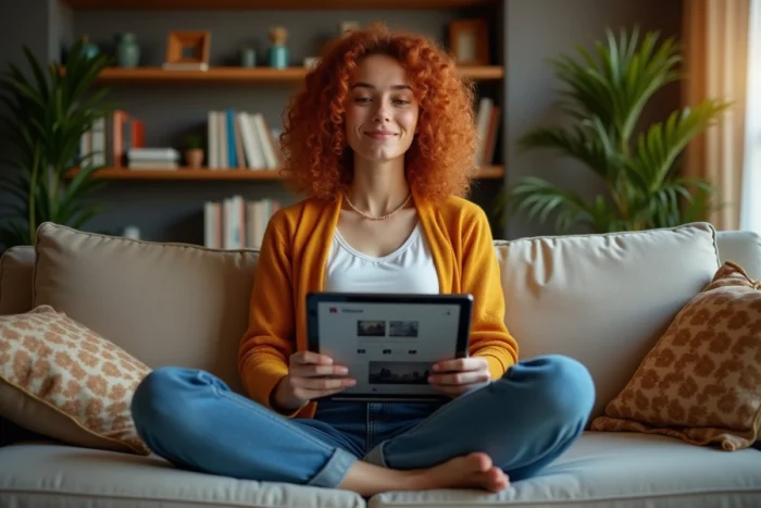 Jeune femme parcourant un site d'actualité sur une tablette dans son salon