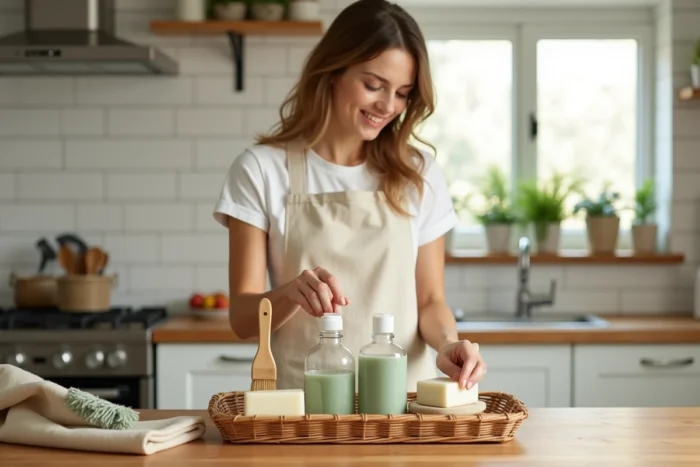 Femme arrangeant un kit de ménage écologique avec des produits naturels en verre et accessoires en bambou sur un plan de travail en bois