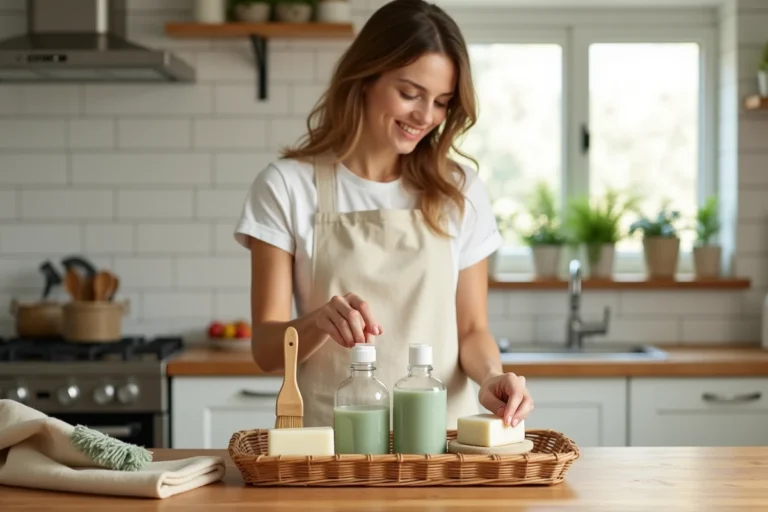 Femme arrangeant un kit de ménage écologique avec des produits naturels en verre et accessoires en bambou sur un plan de travail en bois