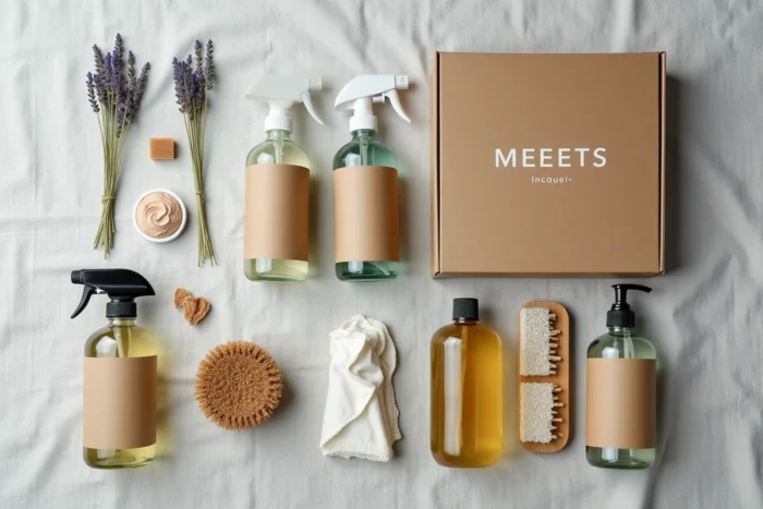 Vue à plat d'un kit de ménage écologique complet avec produits naturels, brosses en fibre de coco et étiquettes en papier kraft
