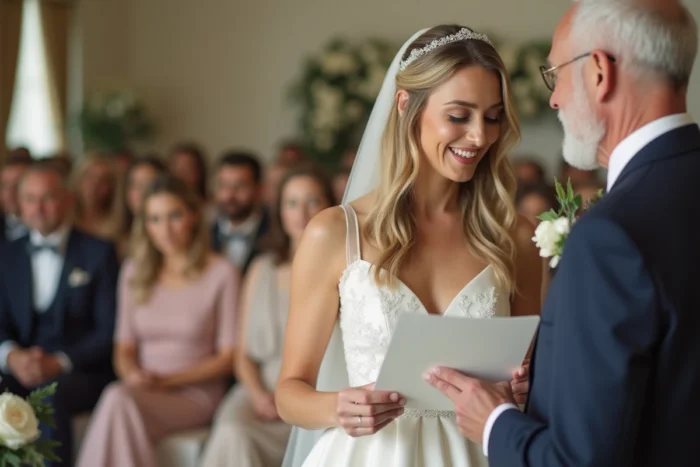 La mariée lit à voix haute une lettre ouverte adressée à ses parents émus lors de la cérémonie