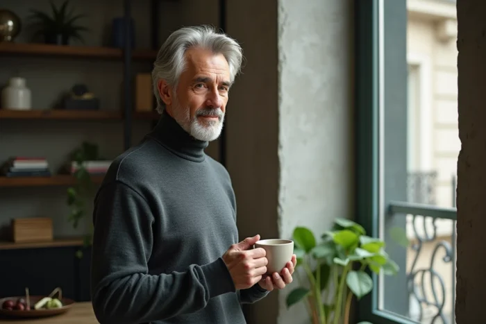 Homme distingué aux cheveux grisonnants tenant un café dans un appartement parisien moderne, évoquant les secrets et la vie intime d'une personnalité médiatique