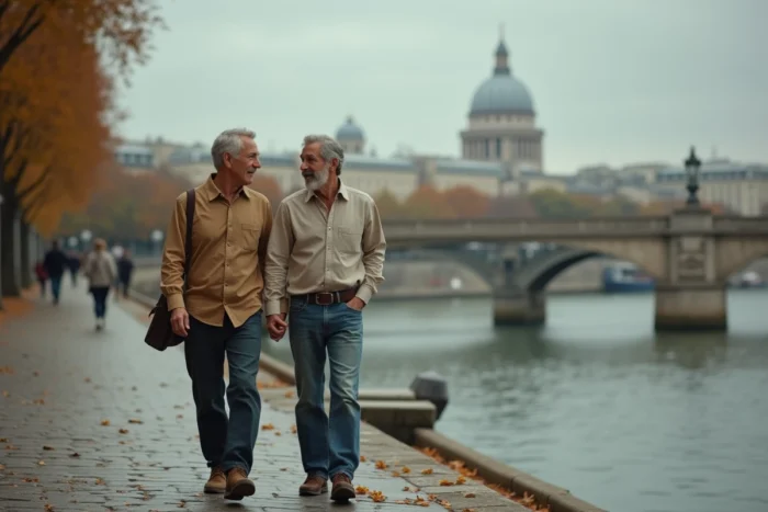Couple élégant se promenant sur les quais de Seine à Paris en automne, illustrant la vie de couple d'une personnalité publique française
