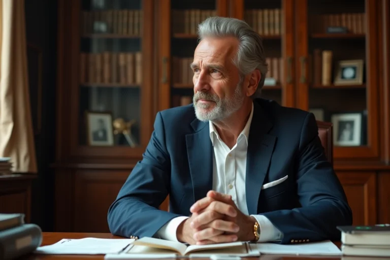 Portrait éditorial d'un homme élégant dans la cinquantaine assis à un bureau parisien, symbolisant la vie privée d'une personnalité médiatique