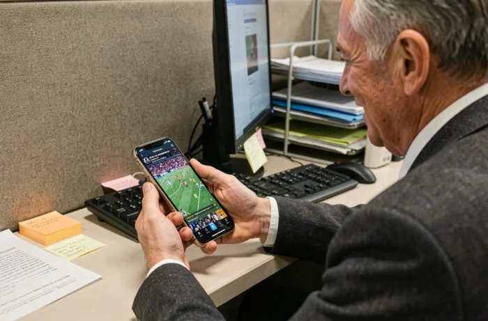 Homme regardant un match de foot en streaming sur smartphone caché sous son bureau dans un open space d'entreprise