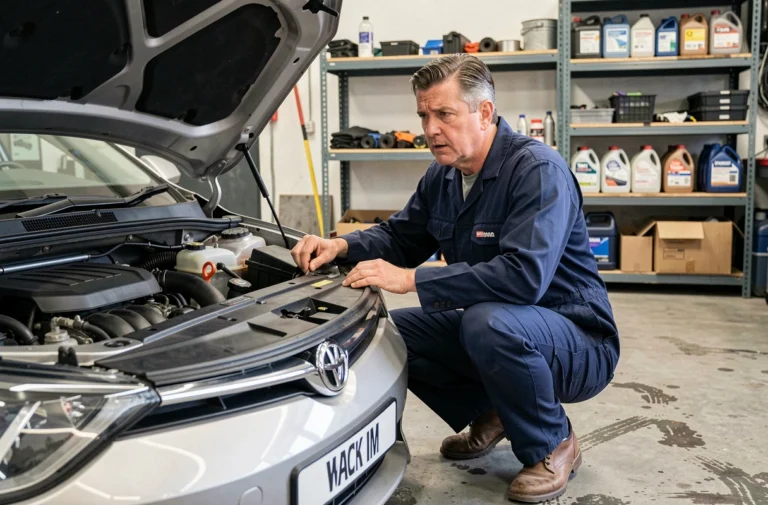 Mécanicien inspectant le moteur d'une voiture après l'allumage du voyant orange sur le tableau de bord