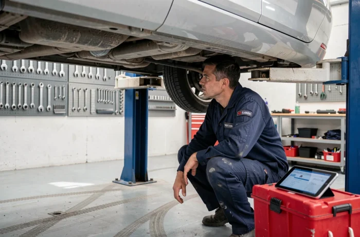 Mécanicien automobile professionnel inspectant le dessous d'une voiture sur un pont élévateur dans un garage moderne à Rognac