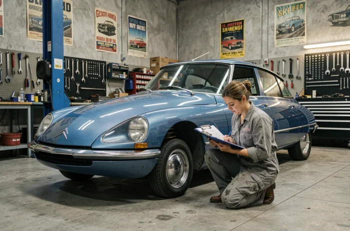 Une mécanicienne inspecte une Citroën DS bleue restaurée dans un atelier de garage, vérifiant les documents techniques avant un achat de voiture ancienne