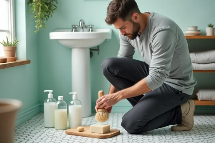 Homme utilisant un kit de nettoyage écologique avec brosse en bambou et produits naturels pour entretenir sa salle de bain
