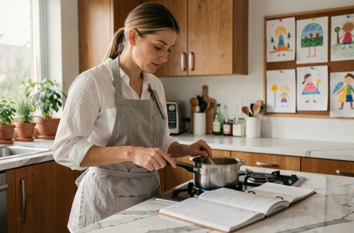 Mère moderne multitâche dans une cuisine familiale, consultant un planificateur hebdomadaire tout en préparant le repas