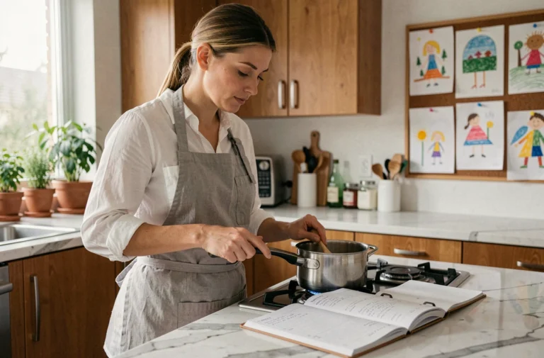 Mère moderne multitâche dans une cuisine familiale, consultant un planificateur hebdomadaire tout en préparant le repas