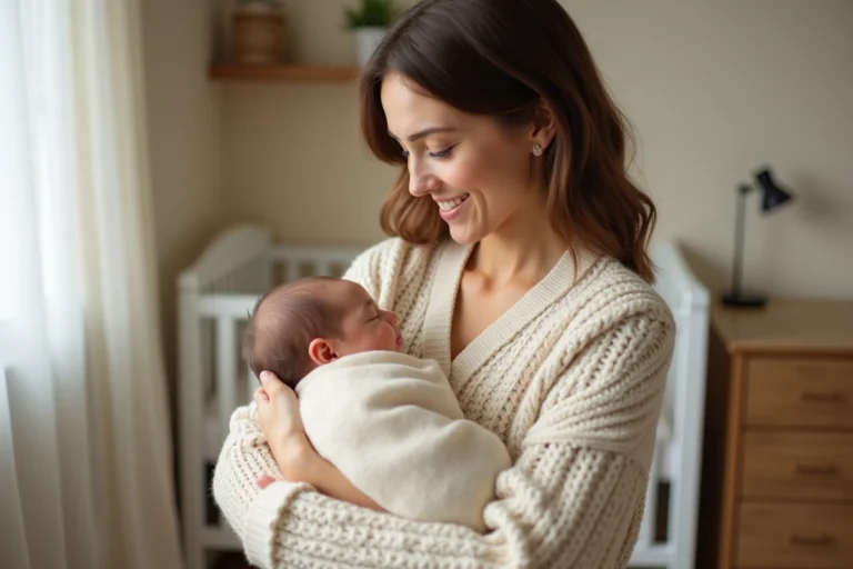 Jeune mère tenant tendrement son nouveau-né emmailloté dans une chambre de bébé cosy avec un berceau en bois blanc