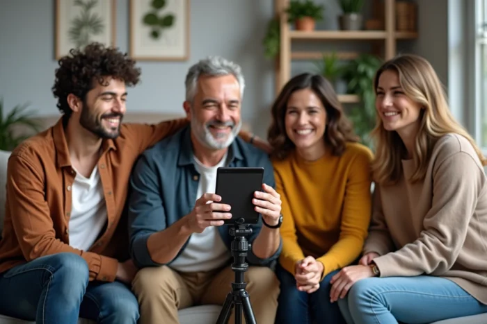Un groupe de proches enregistre un message vidéo collectif pour les parents de la mariée dans un salon chaleureux