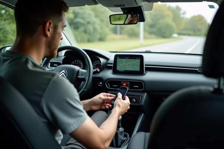 Homme insérant une clé USB dans le tableau de bord d'une Citroën C3 Aircross pour mettre à jour le GPS