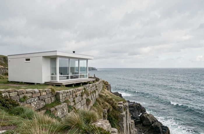 Mobil-home contemporain sur parcelle en bord de falaise atlantique avec vue panoramique sur la mer