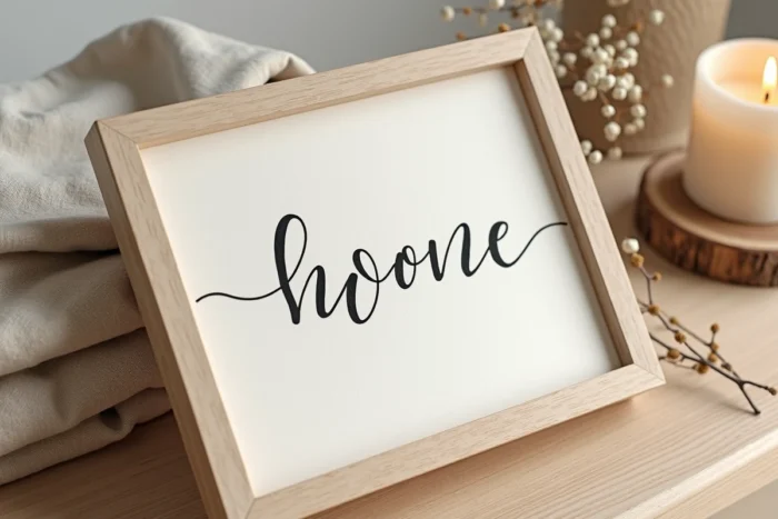 Un mot unique en calligraphie élégante encadré sur du papier texturé, entouré de botaniques séchées sur une surface en bois