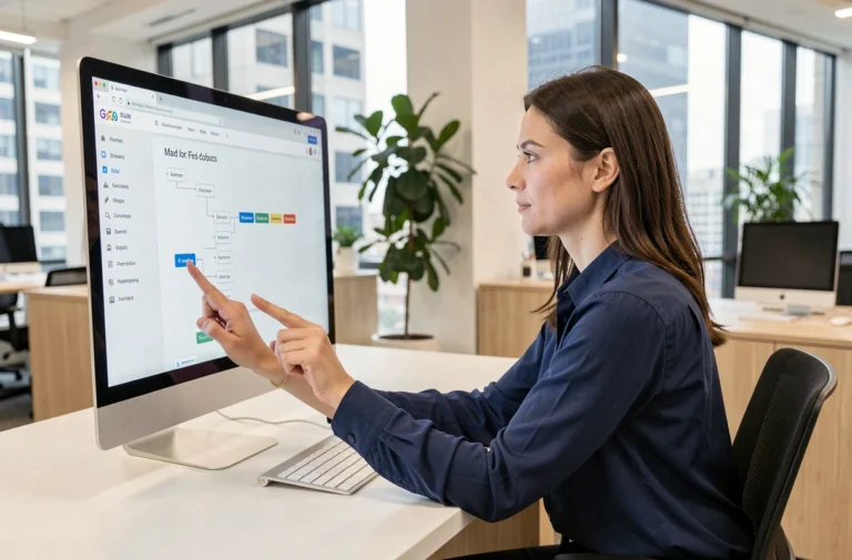 Femme professionnelle naviguant sur une carte de site web affichée sur un grand écran dans un bureau moderne