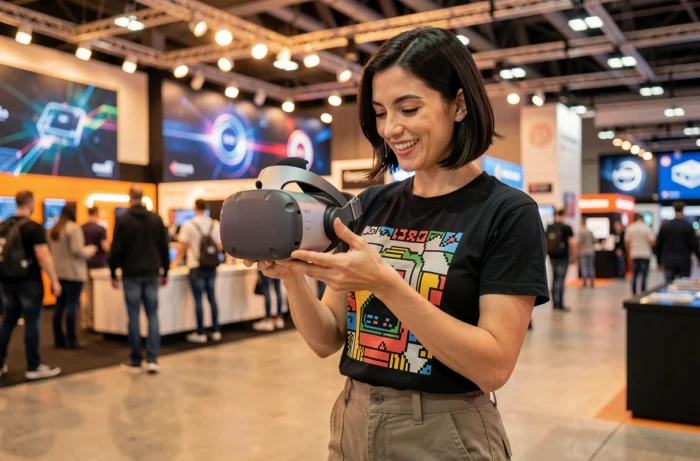 Femme geek découvrant un casque VR de dernière génération dans un salon de technologie