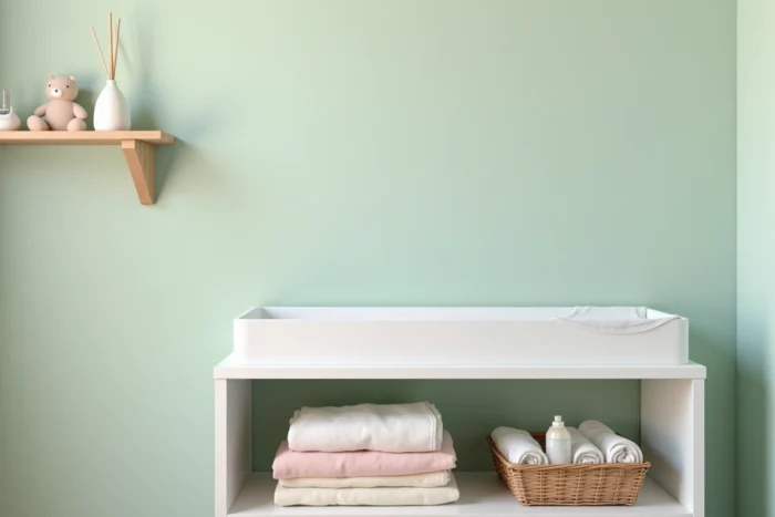 Coin nurserie bien organisé avec table à langer, vêtements bébé pliés et accessoires de puériculture essentiels sur fond vert sauge