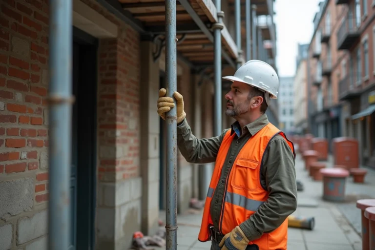 Ouvrier inspectant une structure d'échafaudage métallique sur un chantier de rénovation urbaine