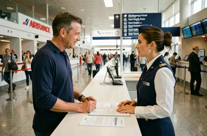 Passager discutant d'une correction de nom avec un agent Air France à l'aéroport