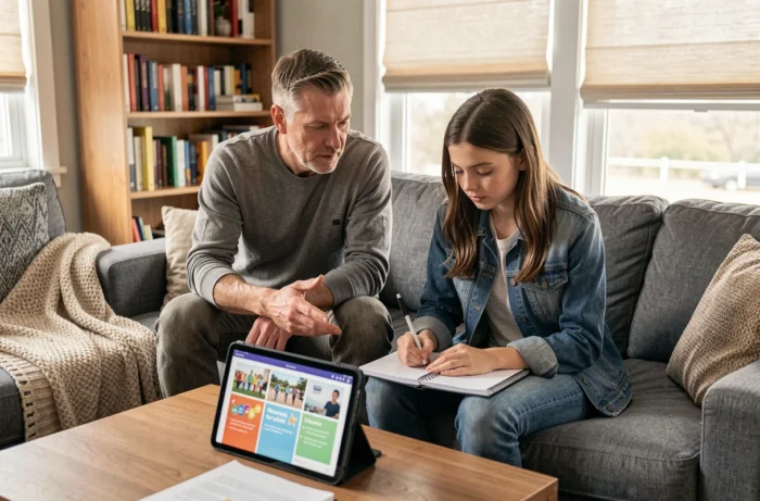 Père et adolescente consultant une tablette ensemble sur un canapé pour explorer des ressources éducatives en ligne