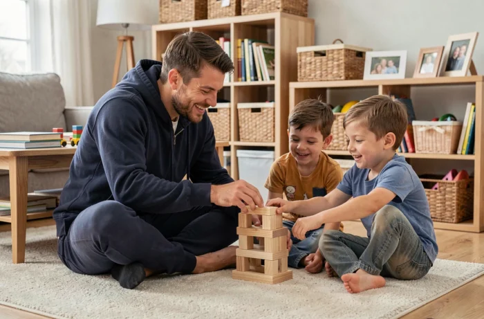 Père jouant avec ses enfants sur le sol du salon, construisant une tour en blocs de bois dans une ambiance familiale détendue