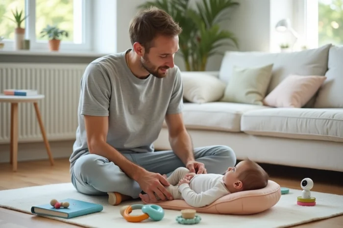 Père assis sur un tapis d'éveil entouré d'accessoires de puériculture essentiels interagissant avec son bébé dans un salon moderne