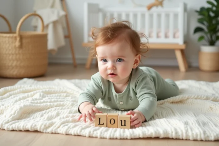Bébé fille portant le prénom Lou allongée sur une couverture en tricot avec un cube en bois gravé du prénom, décor de chambre bébé minimaliste
