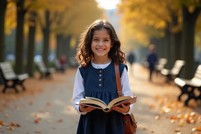 Fillette prénommée Lou dans un parc à l'automne, tenant un livre ouvert, tenue d'écolière française traditionnelle avec cartable en cuir