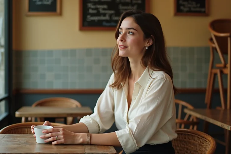 Jeune femme prénommée Lou attablée dans un café parisien typique, tenant une tasse d'espresso, ambiance française authentique
