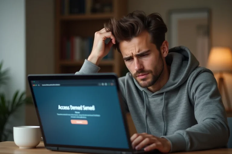 Jeune homme frustré devant un message d'erreur sur son ordinateur portable, illustrant un problème d'accès à un service en ligne