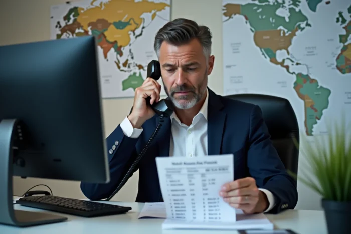 Professionnel en bureau passant un appel international vers l'Italie avec le code pays +39
