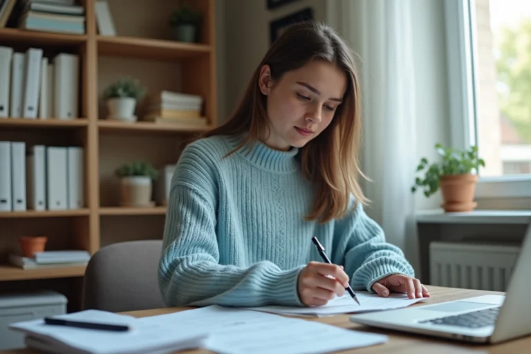 Jeune femme remplissant un dossier de prolongation de la PREPARE CAF à son bureau à domicile