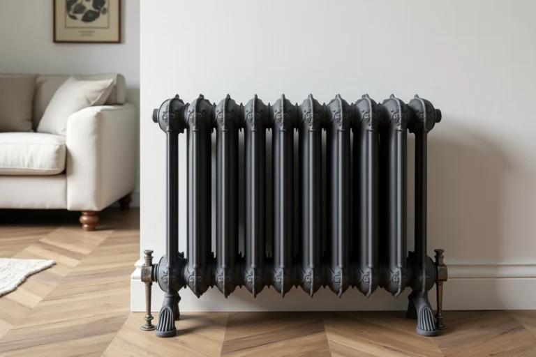 Radiateur en fonte électrique anthracite avec détails ornementaux dans un salon d'appartement parisien au parquet en chêne