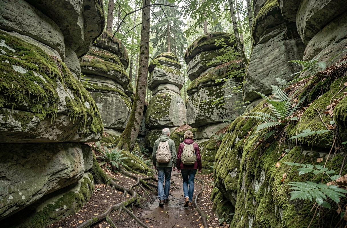 Couple en randonnée dans le Mullerthal au Luxembourg, entouré de formations rocheuses en grès couvertes de mousse et de forêt de hêtres
